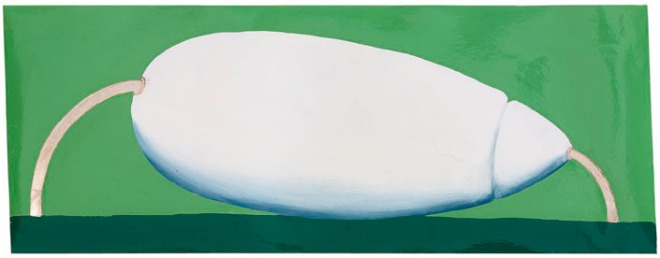 שוני ריבנאי, "על הגחון", 2008, צבע שמן תעשייתי על נייר תעשייתי, 36X93 ס"מ